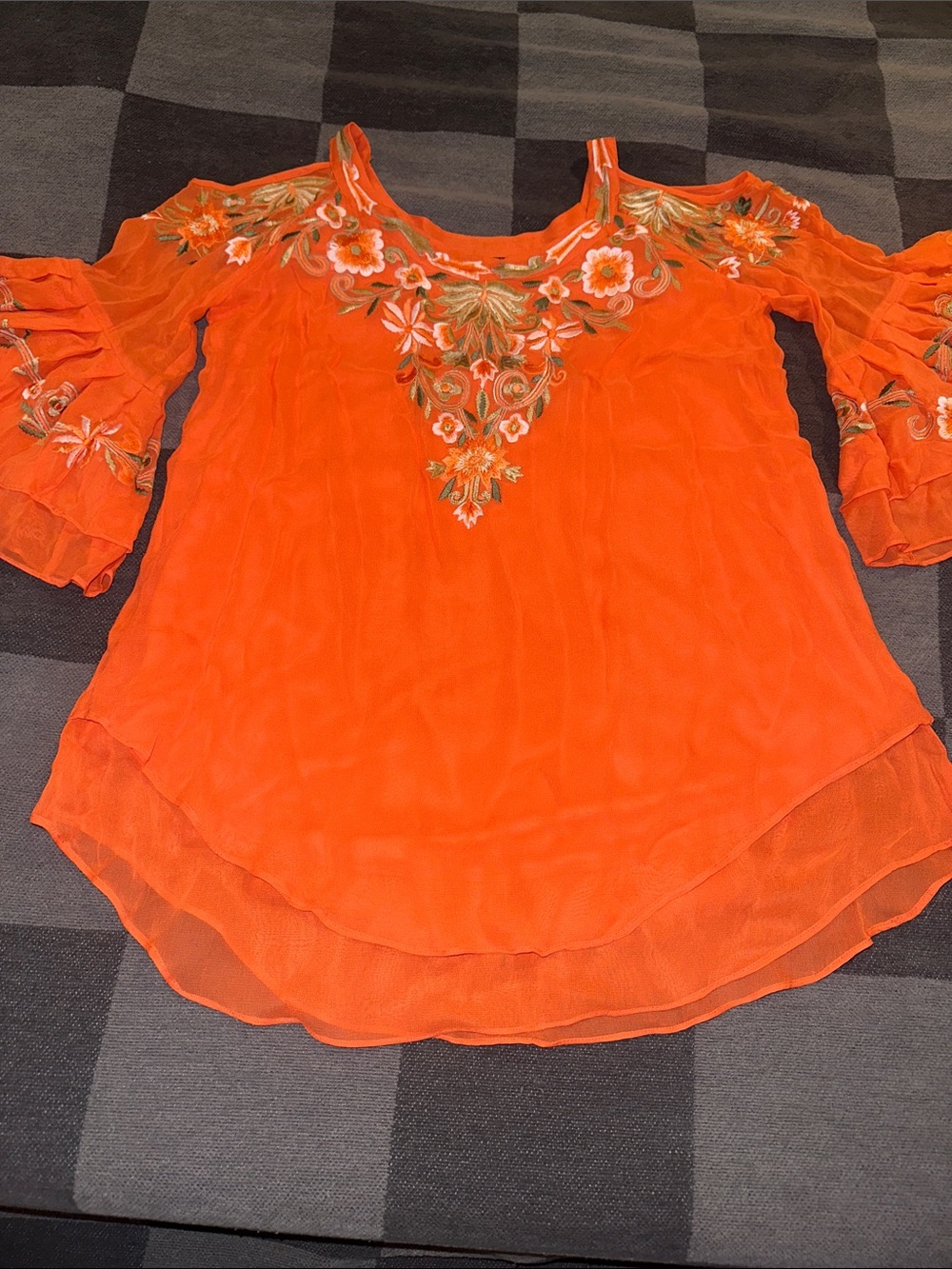 Vintage Collection Embroidered Cold-Shoulder Blouse in Bright Orange Medium